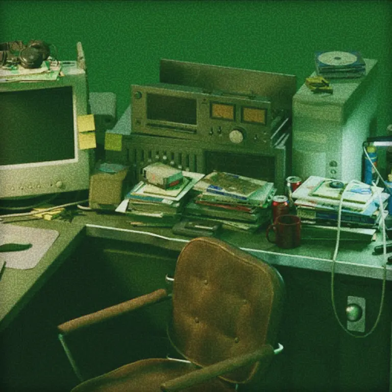 A green-tinted desk filled with vintage computer equipment.