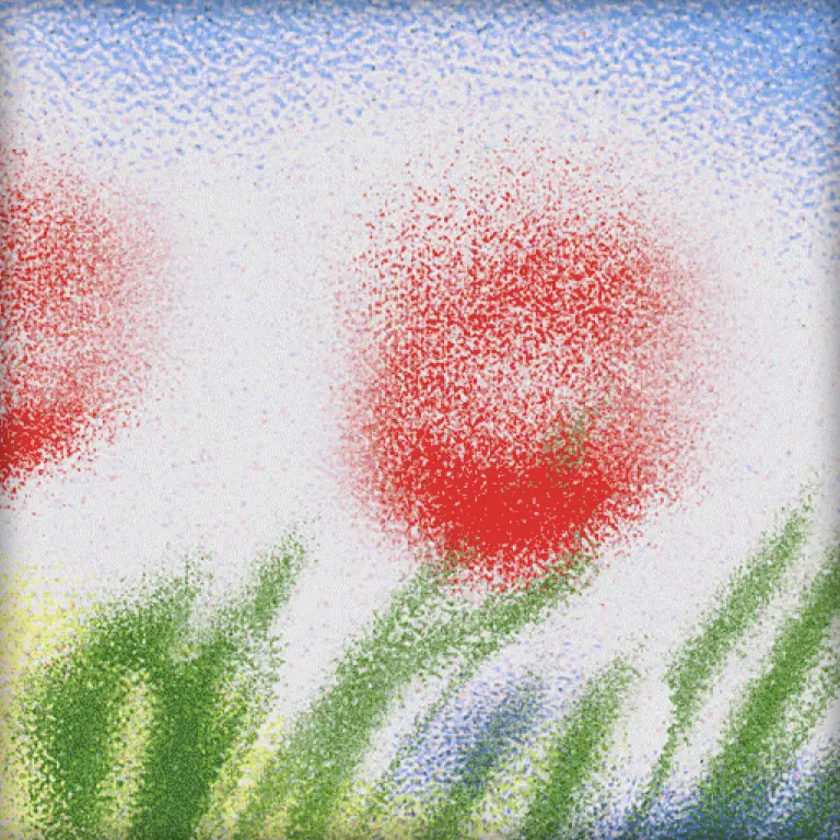 Textured red flowers beneath a pale blue sky.