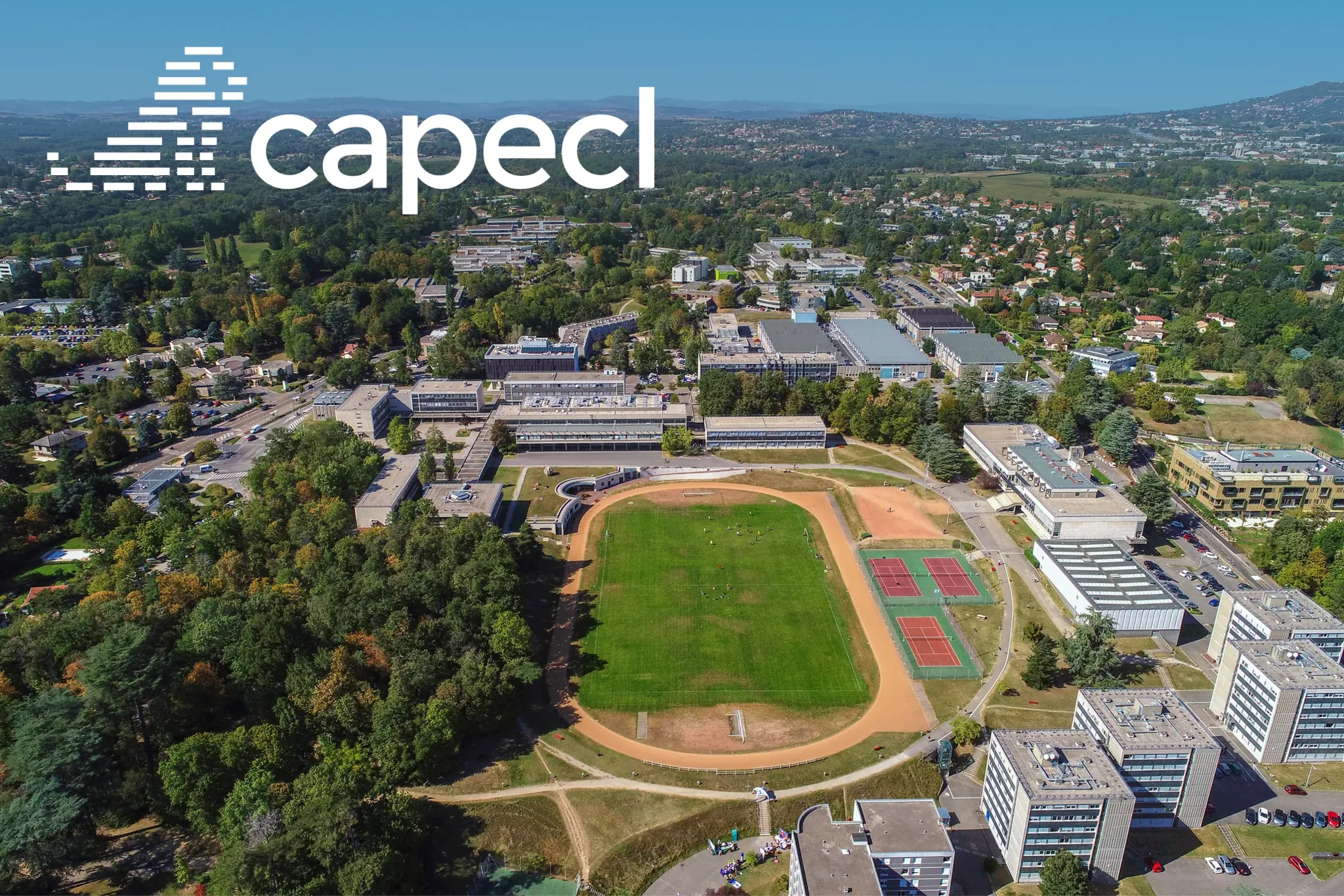 White CapECL wordmark over an aerial view of the Saint-Étienne campus