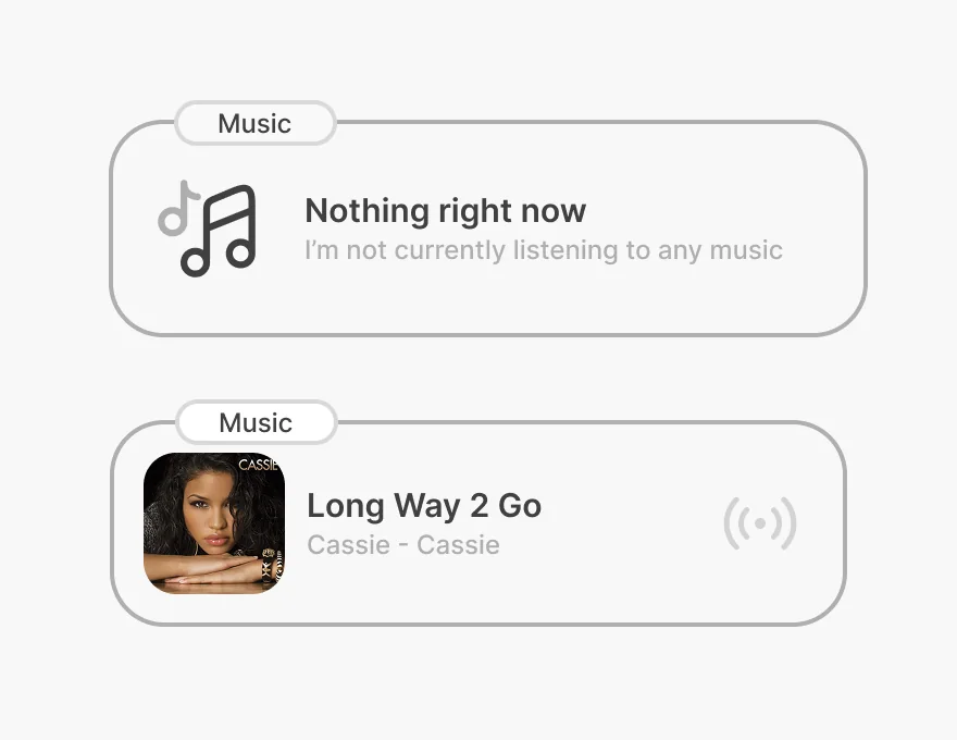 Music widget showing inactive and currently playing states.