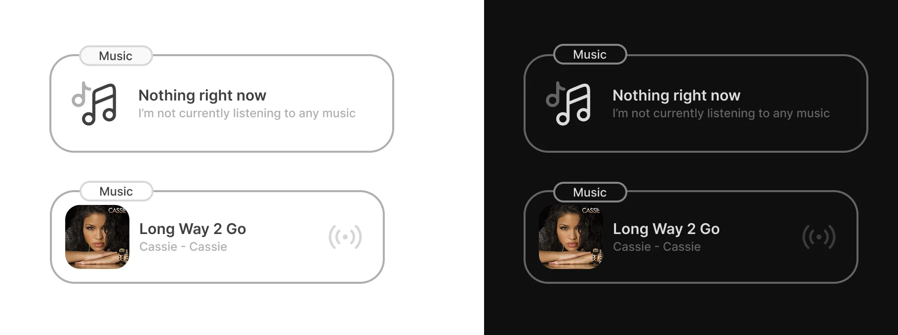 Music widget interface shown in light and dark modes